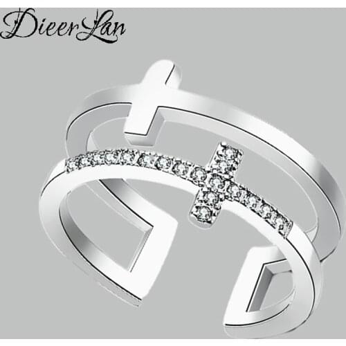 Personality Silver Color Crystal Cross Rings For Women Bridal Wedding Jewelry Adjustable Size Finger Rings