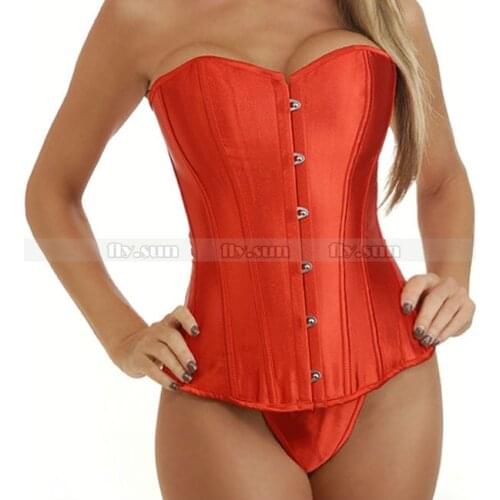Red Satin Overbust Corset Lace up Bustier S M L XL 2XL