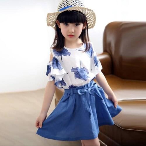 Summer Clothes For Girls Print Off Shoulder Tops+Dress 2PCS Costumes For Girls Teenage Kids Girls Clothes Set 4 6 8 10 12 Years