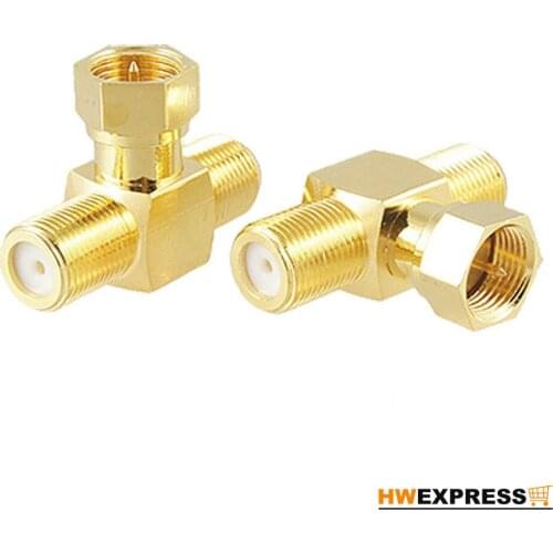 HWEXPRESS Hot 2pcs T shape F-Type F 1 Male to F 2 Female RF Adapter Connector Gold Tone Plated
