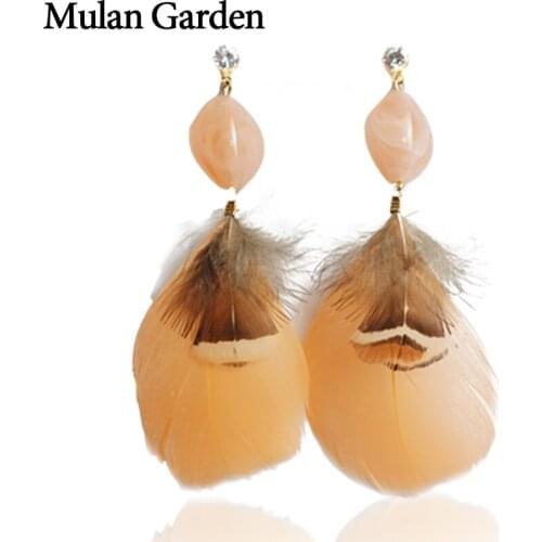 Mulan Garden Bohemian Nature Feather Earrings Fashion Jewelry for Women Zirconia Dangle Resin Earrings 2018 New Christmas Gift