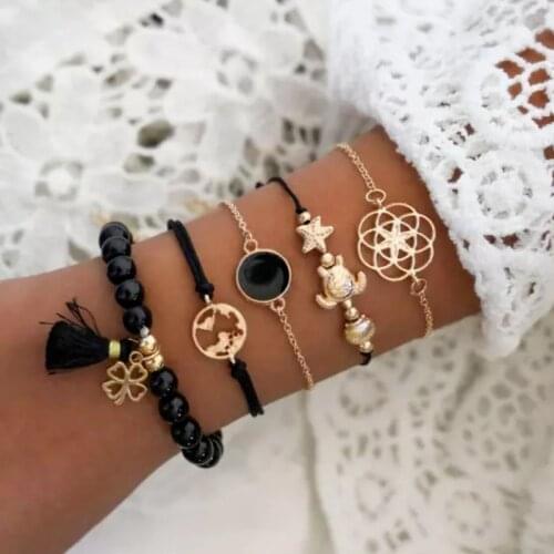 Lucky Clover Bohemian Black Tassel Bracelets for Women Boho Jewelry Beads Layered Hand Chain Charm Bracelet Set
