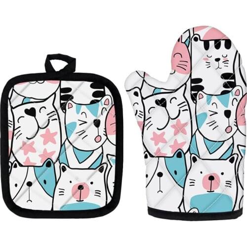 New Cartoon BBQ Oven Gloves and Potholder Mats Cute Cats Pattern 2pcs/Sets Baking Tools Heat Resistant Mitts Kitchen Accessories