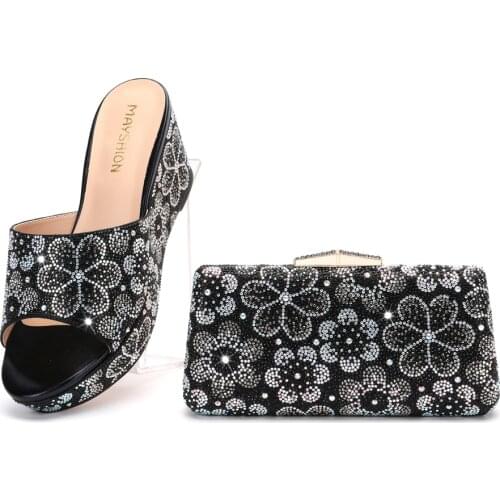 New Italian design African Nigerian high heel party Crystal Rhinestone Wedding Shoes and hand-held straddle Dinner Bag slip