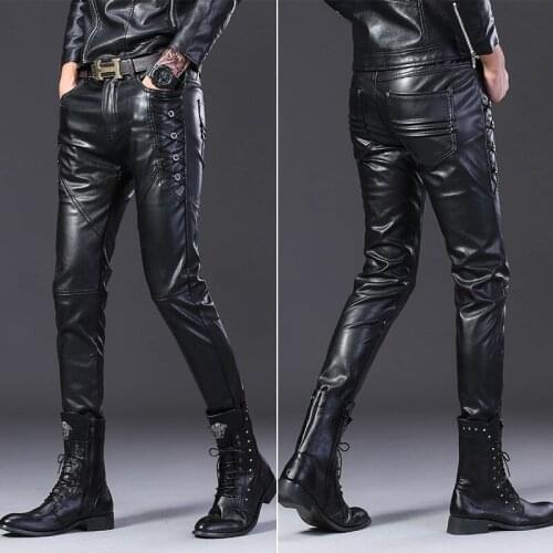 New Autumn Winter Mens Pants Fake Leather Trousers Causal Pencil Slim PU Pant Waterproof Moto&biker Trouser Haircutter pant