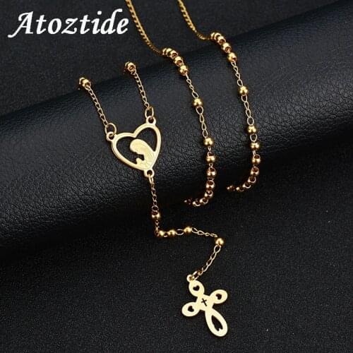 Atoztide Charm Stainless Steel Gold Cross Rosary Necklace Women Hollow Heart Virgin Mary Pendant Necklace Beads Sweater Chain