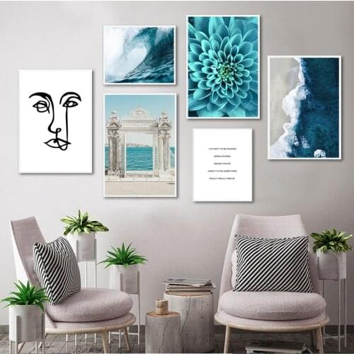 Ocean Waves Blue Flower Wall Sea Beach Landscape Canvas Print Nordic Painting Scandinavian Art Room Decoration Picture
