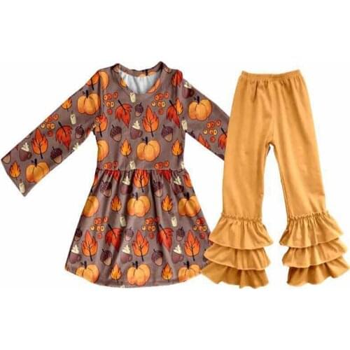 Wholesale/retail pumpkins outfits baby girls halloween maple leaf top+ruffle pants 2 pcs set kid childrens clothing suits gxj