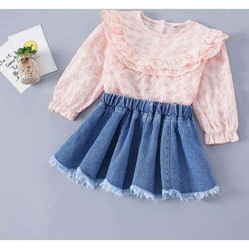 2-7 Years High Quality Spring Girl Clothing Set 2021 New Fashion Plaid Solid Shirt + Denim Skirt Kid Children Girls Clothing