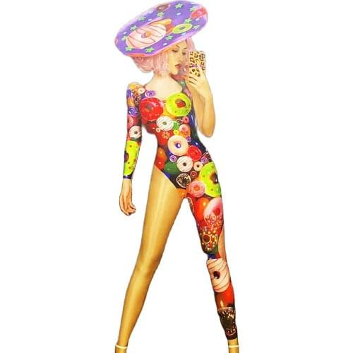 Donuts Pattern Printing Jumpsuits Hat Accessories Asymmetrical Club Stage Clothing Theatrical Costume Women Party Sexy Bodysuit