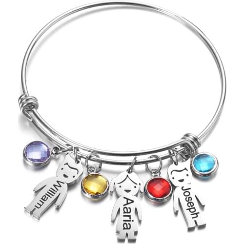 Customized Stainless steel Engrave Pendant Crystal Beads Bracelets Adjustable Bangles with Kids Names Gift Family Present SL-162