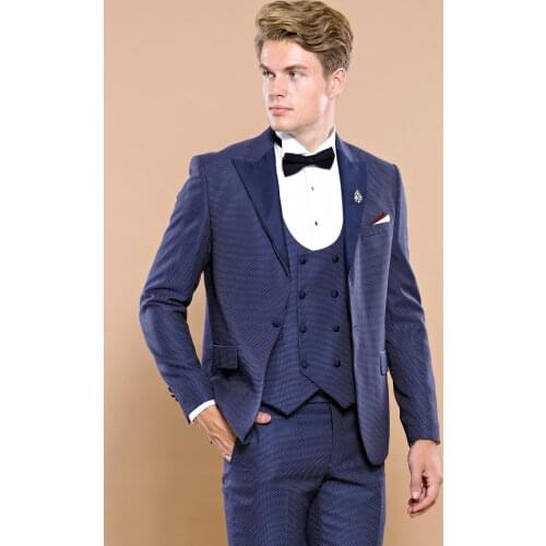 Removable Lapel Vested Navy Blue Tuxedo