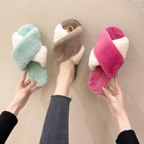 2021 New Women House Slippers Women Shoes Warm Faux Fur Ladies Mixed Colors Cross Soft Plush Furry Female Open Toe Slides Mujer