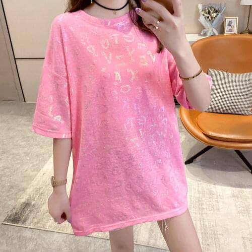 Hot News Short Sleeve Loose Pink Letter Womens Top Casual Summer Student Girl T-shirt Fashion Street Women