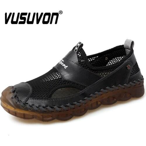 Men Genuine Leather Shoes Casual Sandals Beach Spring Summer Ankle Slipper Vintage Classic Male Black Fashion Rubber Loafers