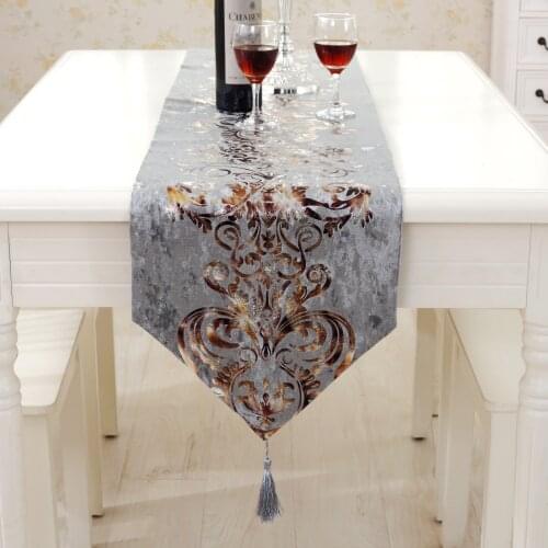 Table Decoration Modern Gray Table Runner Luxury Velvet Flower Table Cloth for Wedding Party European Tasseled Tablecloths