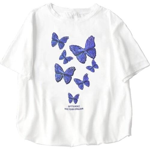 Women T-Shirt Punk Summer Plus Size Loose Short Sleeve tshirt Tops Blue Butterfly Ulzzang Cartoon Printed Oversized T-shirts