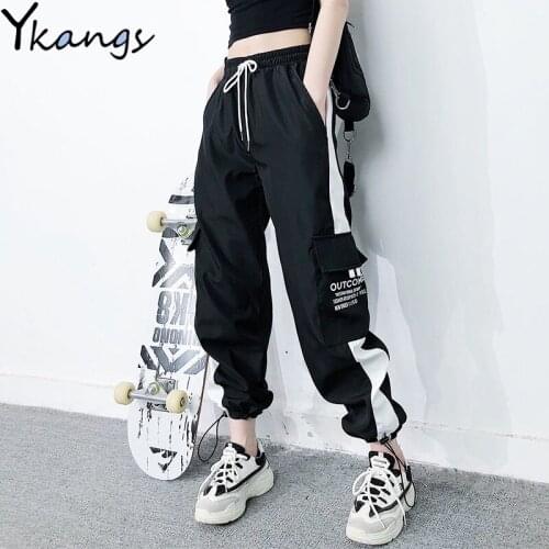 High Waist Patchwork Big Pockets Cargo Pants Women Baggy Streetwear Hip Hop Elastic Wide Trouser Joggers for Teens Harem Pants