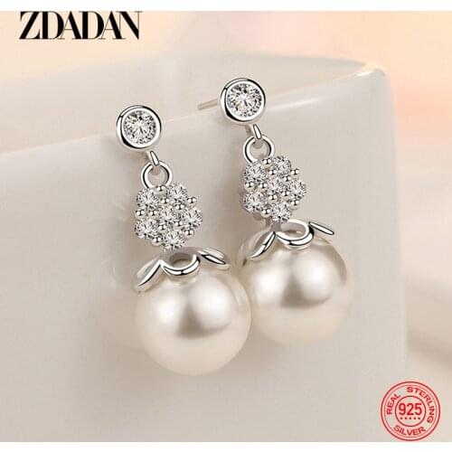 ZDADAN 925 Sterling Silver Flower Pearl Drop Earring For Women Fashion Wedding Jewelry Accessories