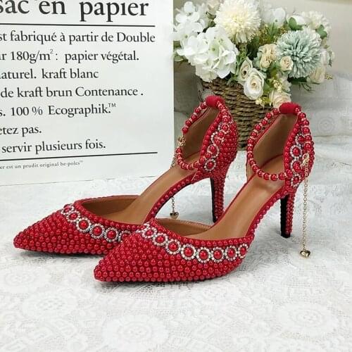 LoveinCrystal Women Red Peal Bridal Wedding Shoes Sweet Sandals high heel Ladies Party Dress shoes Thin Heels Ankle strap