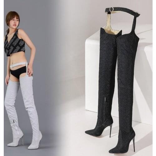 Fashion Long Sexy Steel Tube Dance Thin High Heels 12.5cm Boots for Women Over The Knee Botas Mujer Shoes Big size 47 Boots FV-1