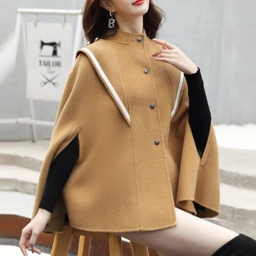 Autumn/winter Pure Color Fashion Wool Blends Ponchos Clasp Womens Cape Coat Cloak Shawl Single Breasted Cardigan