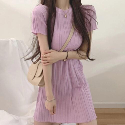 SLPBELY Women Solid Dress Summer French Elegant Striped Short Sleeve O Neck Pink Dress Casual Vacation Dress Vestido Sundress