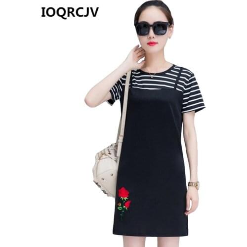 2019 Summer Women Dress Embroidery Stripe Splice Black Mini Dress Loose O-neck Casual Vintage Dress Vestidos Large Size 4XL R276