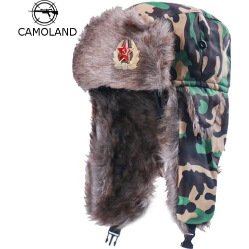 CAMOLAND Winter Bomber Earflap Caps For Women Men Russia Soviet Army Military Bomber Hats Thermal Fleece Snow Caps