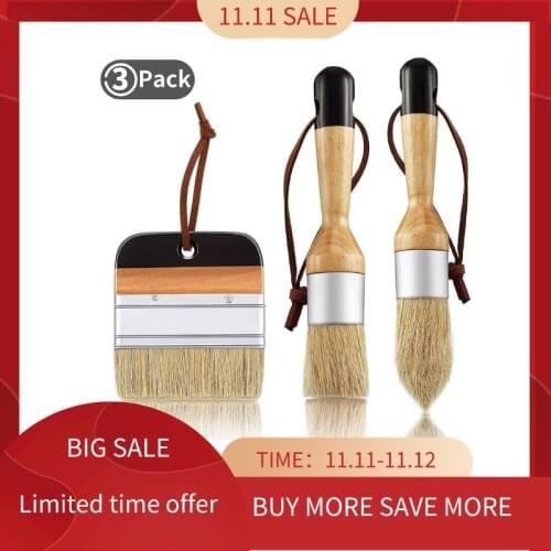 3Pack Chalk and Wax Paint Brushes Bristle Stencil Brushes for Wood Furniture Home Wall Decor