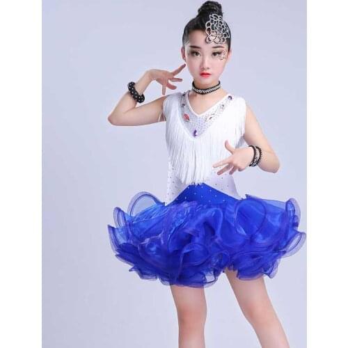 5pcs Hand Made Latin Dance Dress Girls Flamengo Dancing Diamond Costumes Students Tango Tassel Suit Dress Performance D-0271