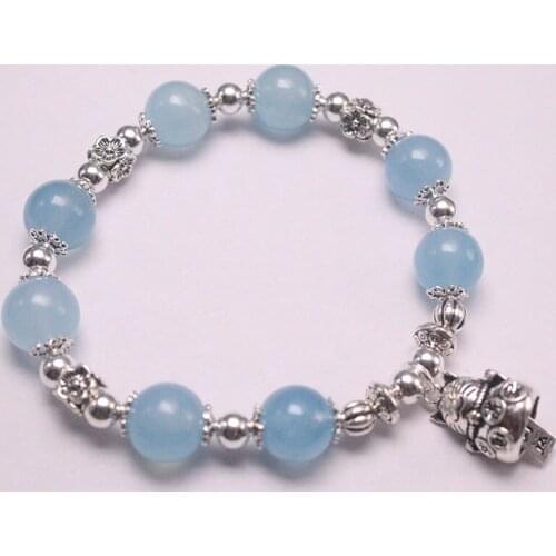 S925 Sterling Silver Bracelet Women Luck Cat with Silver Beads with Sapphire Bead Link Chain Bracelet 10mmW 6.3inches
