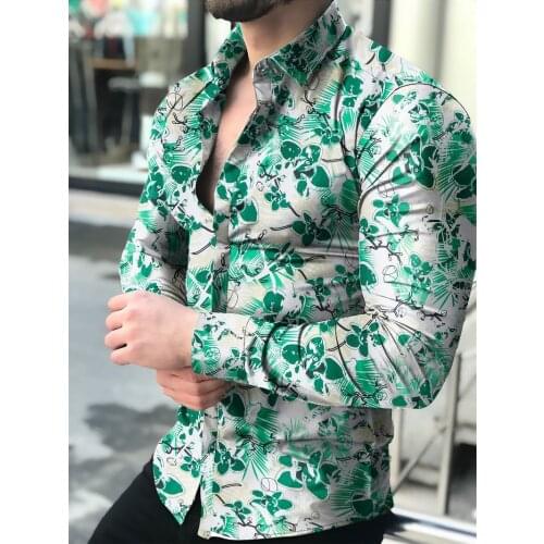 Camisas florales de manga larga de Otoño de 2021 para hombres camisas estampadas con flores de corte delgado para hombres cam