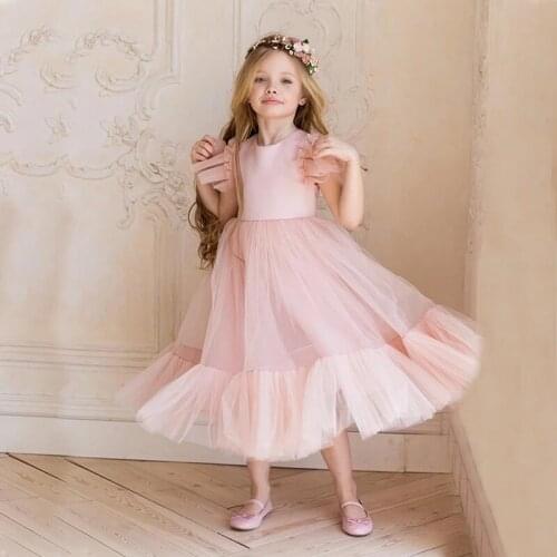 Kids Dresses For Girls Elegant Princess Pink Tulle Gowns Ball Gown Children Clothing Girls Dresses Party Wedding Wear
