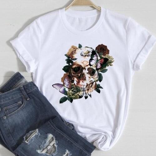 T-shirts Women Floral Skull Flower Fashion 2021 Cute Spring Summer Clothes Graphic Tshirt Top Lady Print Female Tee T-Shirt