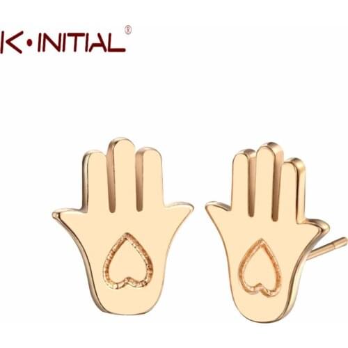 Kinitial Original Hamsa Hand Stud Earrings for Women Girl Hand of Fatima with Heart Earring Jewelry Gift boucle d'oreille femme