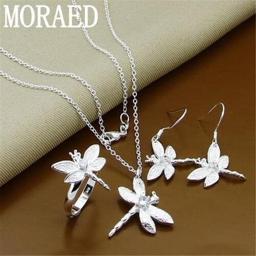 Three-piece Set 925 Silver Simple Insect Dragonfly Necklace Earrings Rings Jewelry Set Woman Wedding Gift