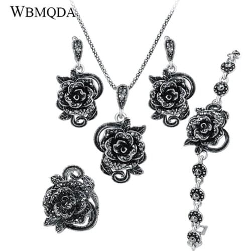 4Pcs/lot Black Crystal Flower Rose Jewelry Sets Silver Color Bracelet Necklace Ring Earrings For Women Punk Gothic Bijoux
