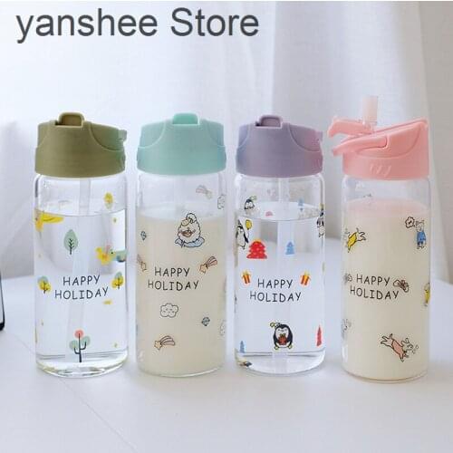 Glass water container for boys and girls, beautiful milk container, with straw and foldable cover, leak proof, travel drink, no