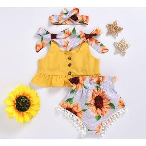 2020 Summer Kids Toddler Baby Girl Clothes Set 3PCS Yellow Crop Sleeveless Top Tassel Sunflower Shorts Headwear Outfit Sweet