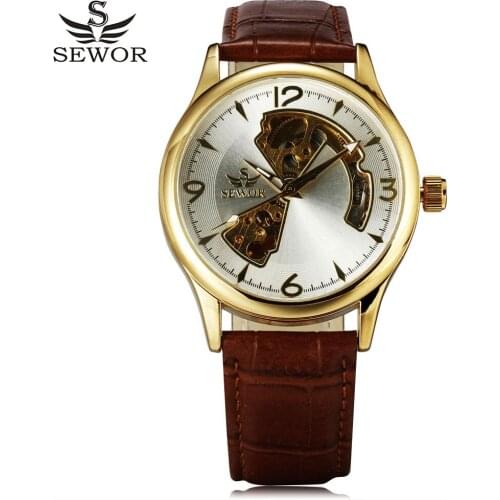 New SEWOR business fashion skeleton men male leather clock automatic mechanical military wrist luxury sport watch gift 8330