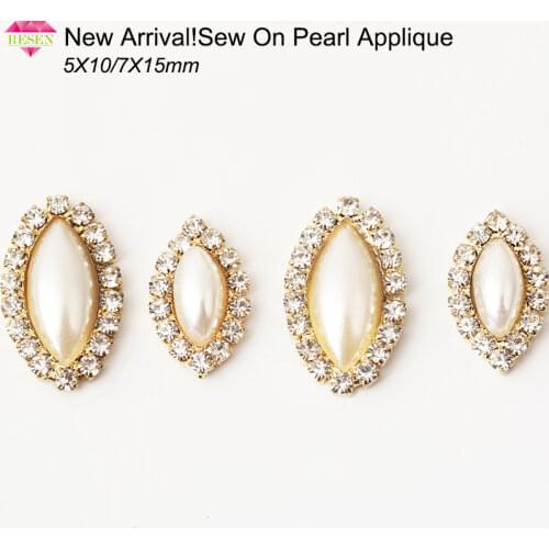 RESEN New Arrival 5X10/7X15mm Horse Eye Sew On Pearl Rhinestones Flatback Gold Claw Base Sewing Glass Crystal Pearls For Dresses