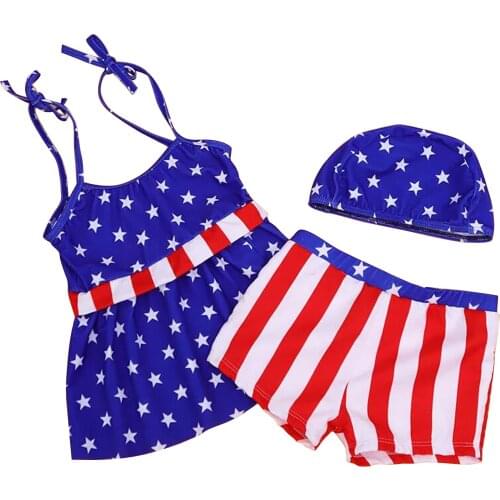 New Summer 3 Pieces Kids Swimsuits Stripe Star Print U-Neck Sleeveless Tops+ Swimming Trunks+Cap For Girls High-Quality Material