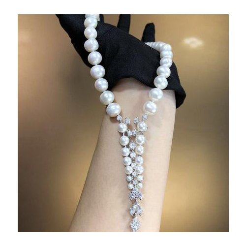 Hot sell new style 43cm 9-10mm white freshwater pearl necklace zircon accessories sweater chain fashion jewelry