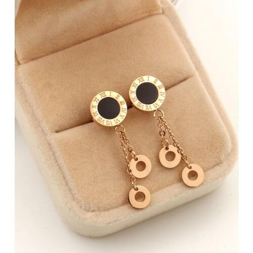 Fashion people titanium steel anti-allergic tassel earrings Roman digital shell black and white hanging double circle K303