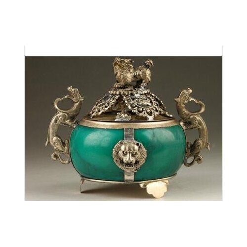Old Chinese old Vintage Collection Handmade Old Tibet Silver Dragon Jade Incense Burner Statue Tibetan Silver Bronze decoration