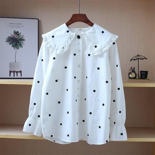 FairyNatural Women Black Dots Embroidery Sweet Brief Blouses Peter Pan Collar Cotton 100% Long Sleeve Female Shirt Spring Autumn