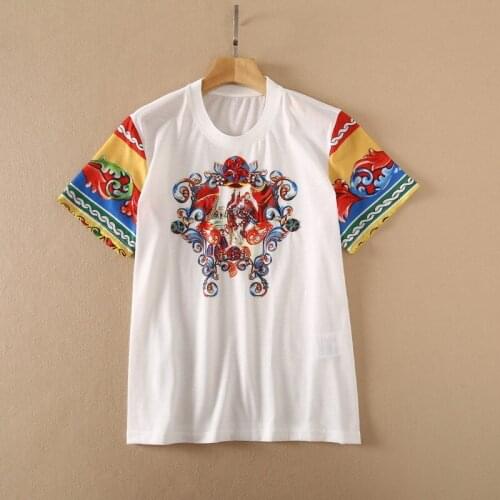 Europe and the United States womens clothing New Summer 2021 Short sleeved beaded court printed fashion cotton T-shirt