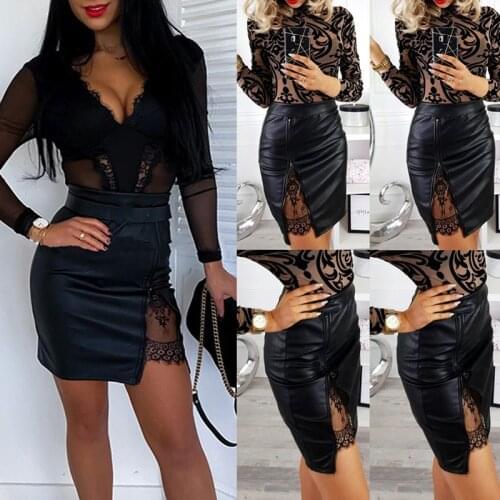 2020 Women Skirt PU Leather Lace Mini Female Clothing Sexy Sexy High Waist Zipper Hollow Out Bag Hip Pencil Outfits