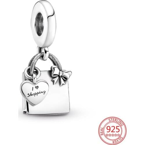 New 100% 925 Sterling Silver Charm Shopping Bag Bow Pendant Travel Charm for Women Jewelry Fit Original Pandora Bracelet Making